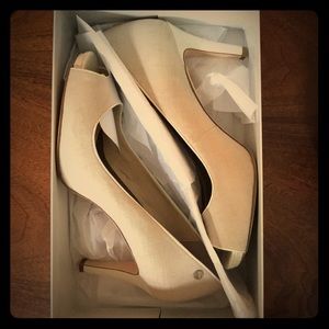 Calvin Klein Linen/Patent Peep Toe Heels